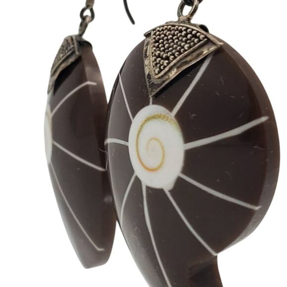 Sterling Silver Nautilus Resin Shell Earrings Drop Dangle Brown 925 Pierced - Picture 5 of 5